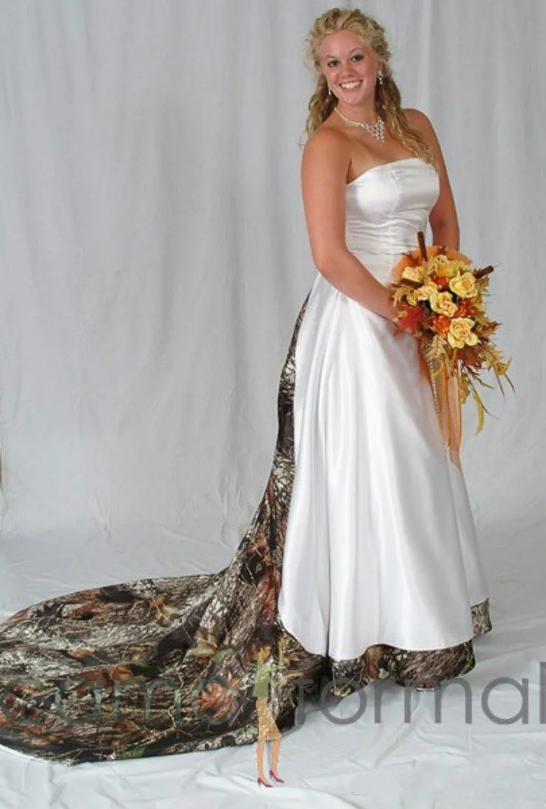 Plus Size Camo Wedding Dresses 2015 Fashion Strapless Lace-Up Designer Custom Made Satin Wedding Gowns Chapel Train Camouflage Bridal Dress