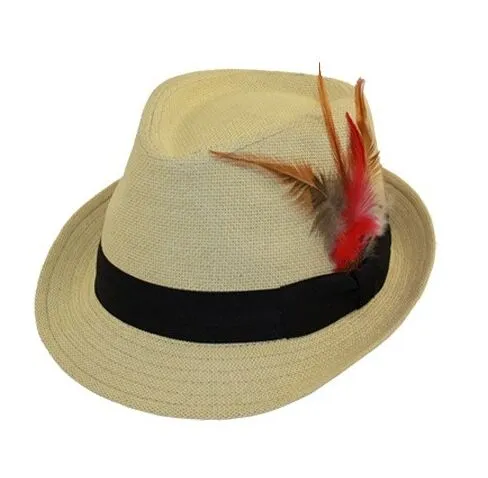 新しい男性の女性が羽のFedora Hats Summer Caps 10pcs /ロットを持つストローブラックバンド