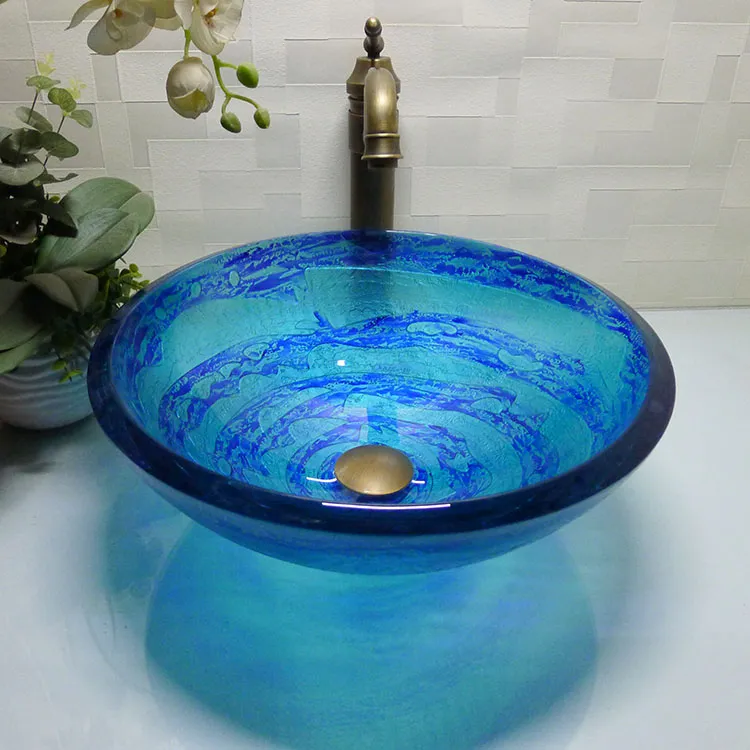 Bathroom tempered glass sink handcraft counter top round basin wash basins cloakroom shampoo vessel bowl HX007