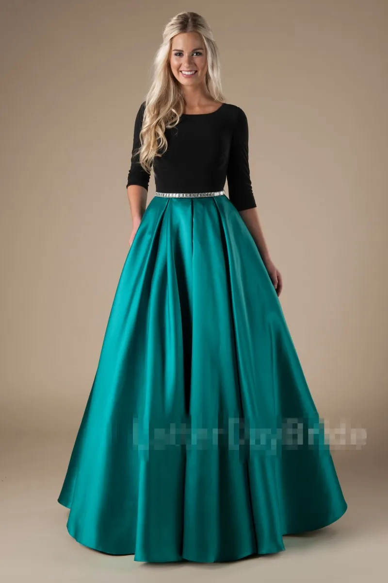 New Design Long Formal Black Green Modest Pom Dresses With Sleeves Satin Skirt Simple Elegant Teens Prom Party Gowns Custom Made