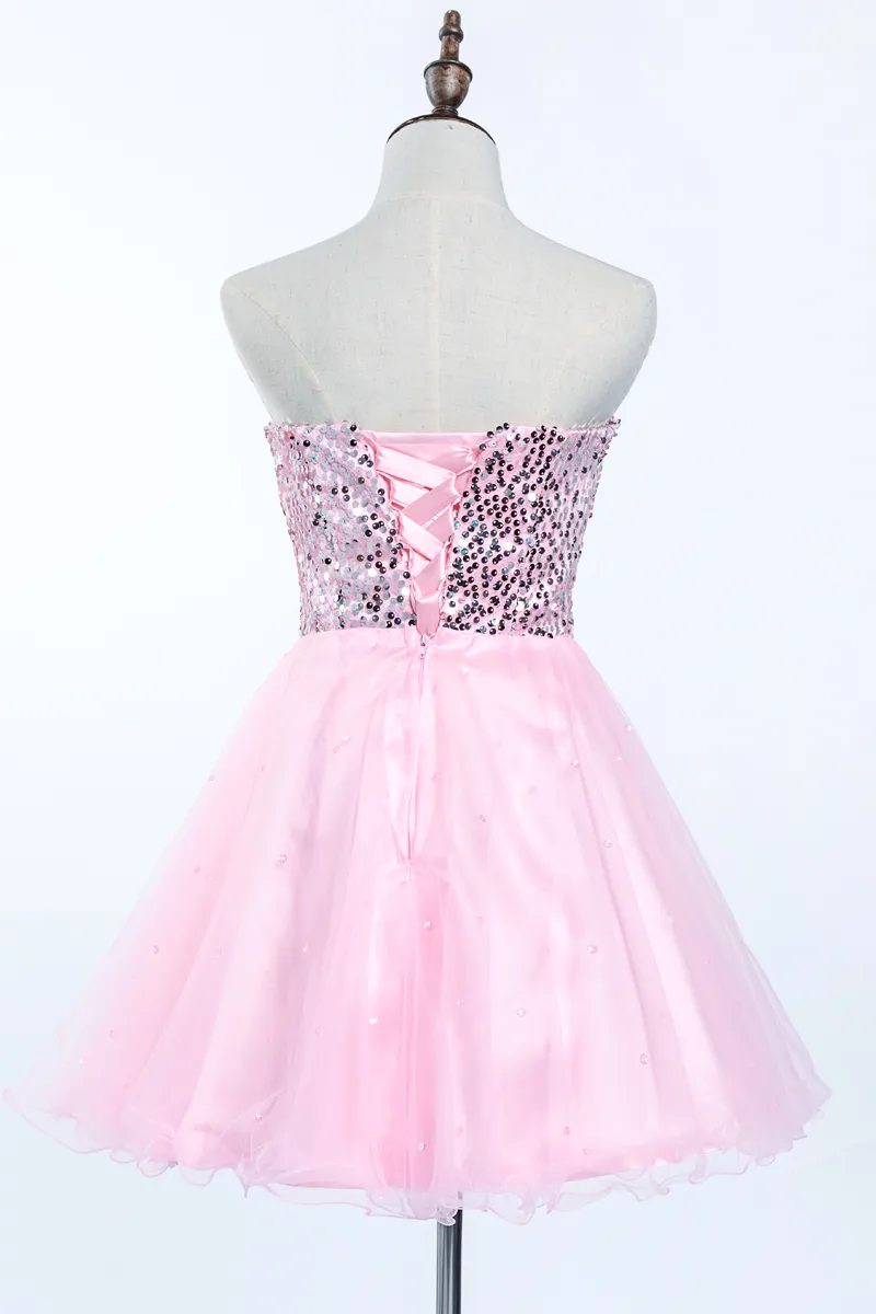 2019 Fashion Sequins Homecoming Dresses Pet Mini Tiered Tulle axelbandslös guldrosa lila vit svart blå billig kort prom Gown1961795