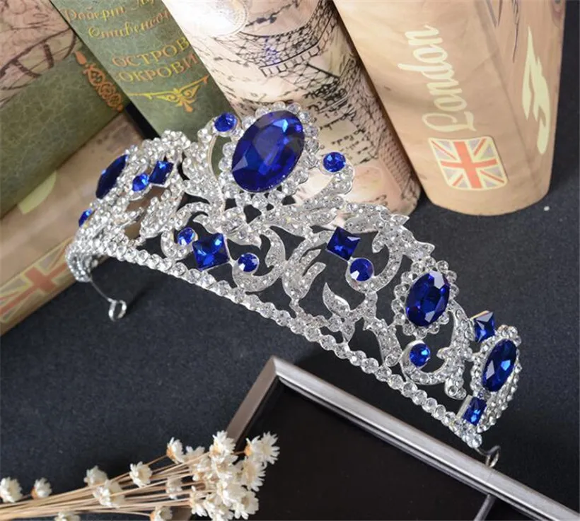 Vintage Blue Crystal Crown Rhinestone Tiara Bruiloft Bruids Haaraccessoires Hoofddeksel Hoofdband Sieraden Silver Prom Hoofdtooi Prinses Queen