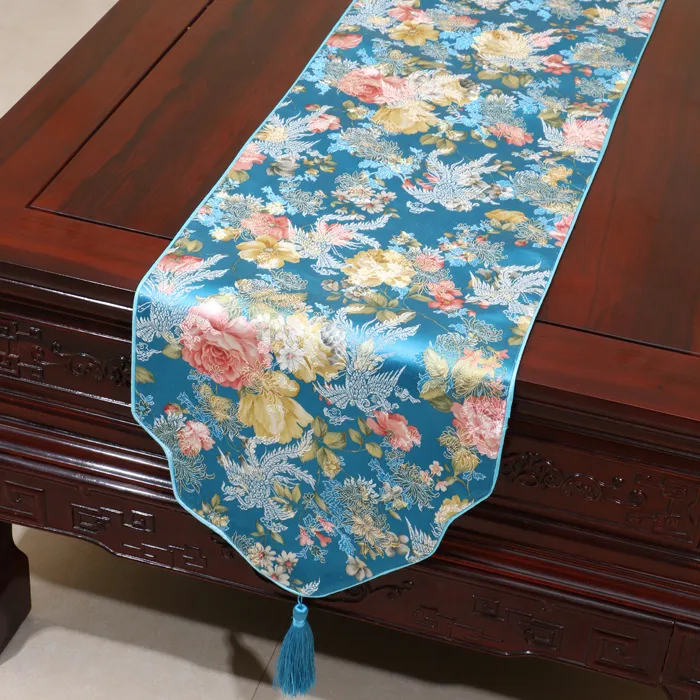 幸せな牡丹の花の高級テーブルランナーファッションシンプルなダイニングテーブルマットの保護パッド中国風のシルクブロコード茶テーブルクロス200x33 cm