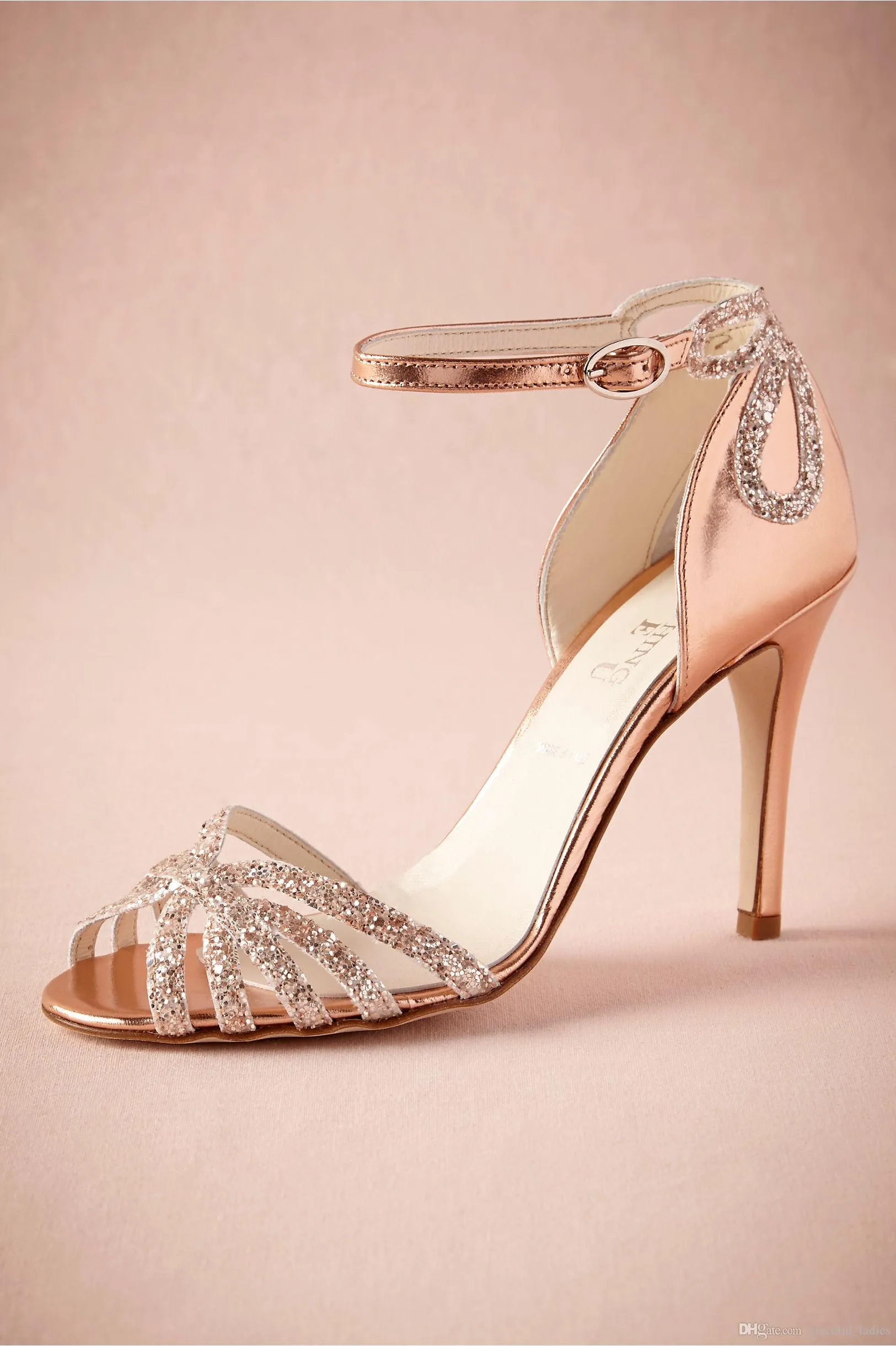 Rose Gold Glittered Heel Real Wedding Shoes Pumps Sandals Gold Leather Buckle Closure Glitter Party Dance High Wrapped Heels Women268P