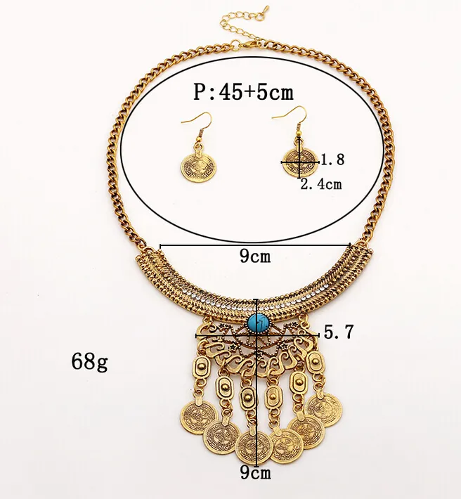 Bohemian Retro Tribal Crystal Crescent Bead Flower Coin Fringe Bavaglino Collana Orecchini Set Set di gioielli zingari turchi