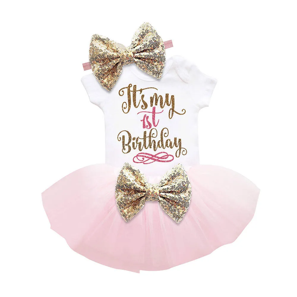 Bébé filles vêtements été Sequin Bow Tutu robe c'est mon premier anniversaire barboteuse + bandeau + jupe Tutu bébé fille vêtements ensemble cadeau d'anniversaire