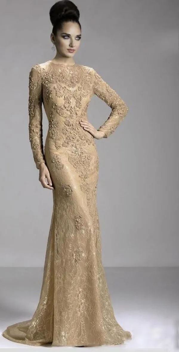 Gold Sexy Long Sleeve Jewel Evening Dress Zipper Sweep Train Formal Dresses With Appliques Arabic Dress Lace