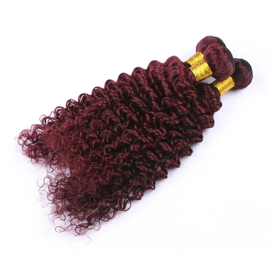 Djupvåg 99j Hårbuntar med spets frontlinstängning Brasilianska Virgin Burgundy Deep Curly Human Hair Weaves With Wine Red Lace Frontal