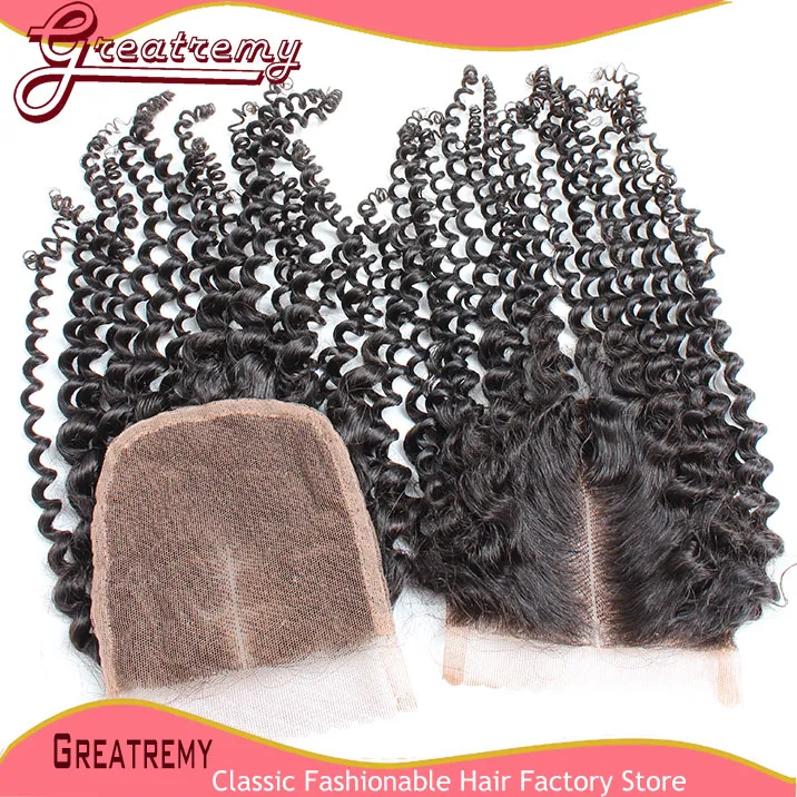 Grearemy 100 obearbetade indiska malaysiska peruanska jungfruliga hårbuntar med toppstängning 44 hårstycke Curly Wave Middle Part Hair8970649