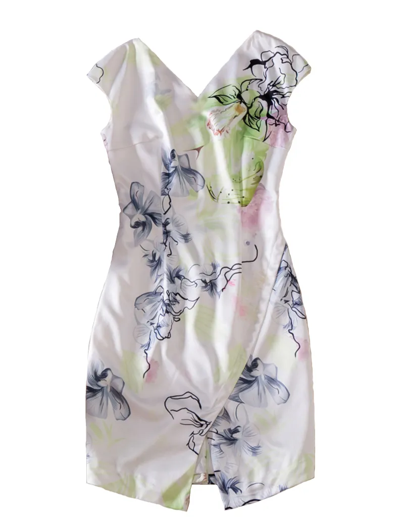 Flower Print Women Sheath Split Dress V-Neck Casual Dresses 11K543