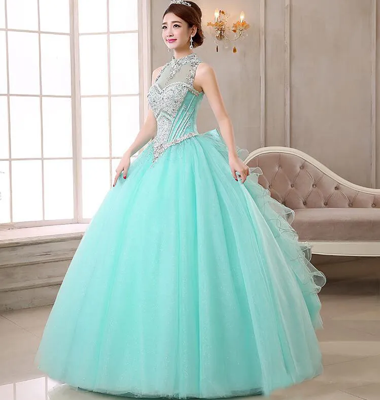 Mint Green/Coral Ball Gown Tulle Crystal BlingBling Quinceanera Dresses 2019 High Neck Customized Floor Length Bridal Masquer Outfit