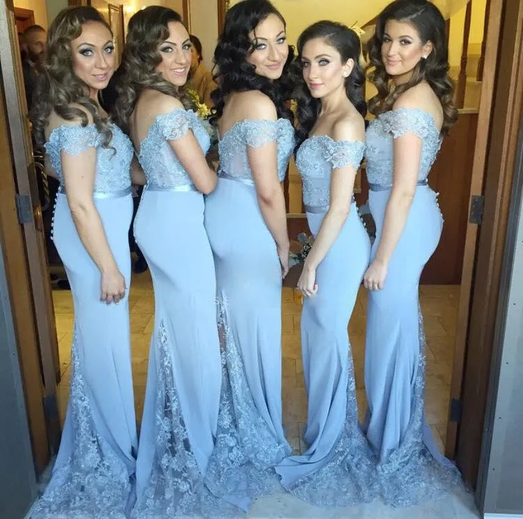 New Arrival Mermaid Bridesmaid Dresses with See Through Lace Train Long Off Shoulder Maid of Honor Dresses Appliqued Prom Evening Gown