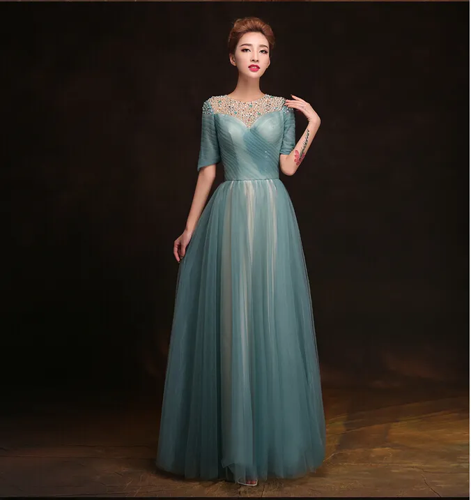 Distinkt paljettdekorerad Elie Saab Prom Dresses Crew Sheer Half Sleeve Aline golvlängd tyll aftonklänningar1459070