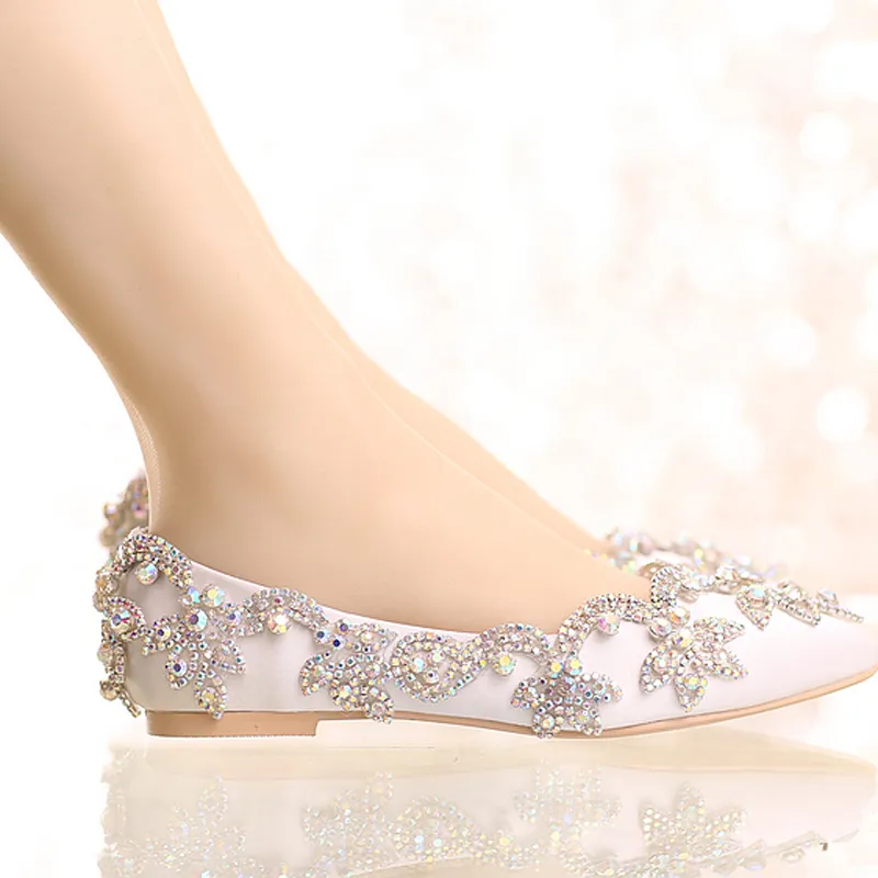 White Satin Diamond Wedding Shoes Flat Heel Women Rhinestone Bride Shoes Handmade Fashion Formal Dress Shoes