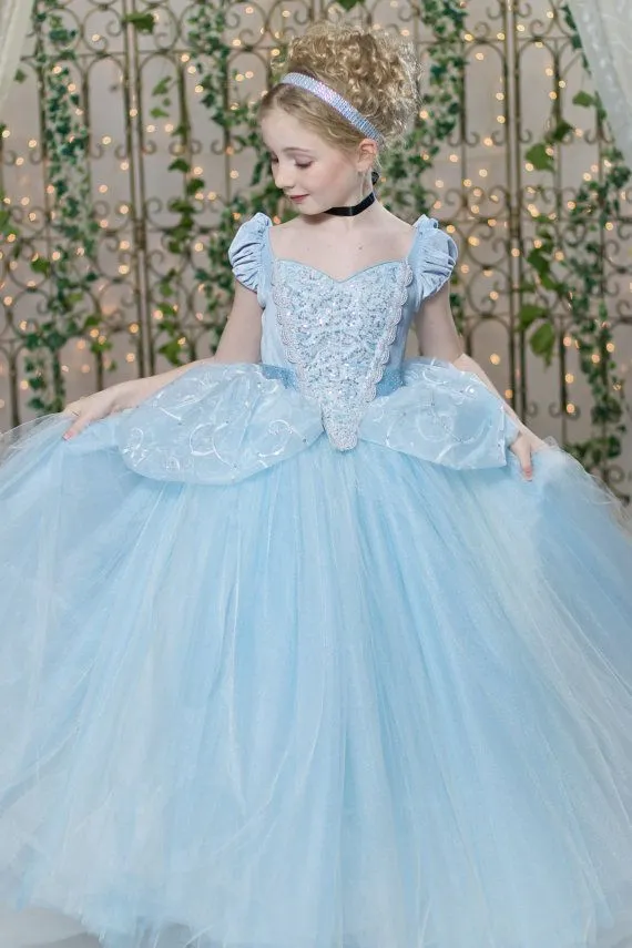 Robe de bal robes de fille de fleur Cendrillon Pageant robe bleu glace belle Tulle Appliques perlée étincelante enfants robe de haute qualité