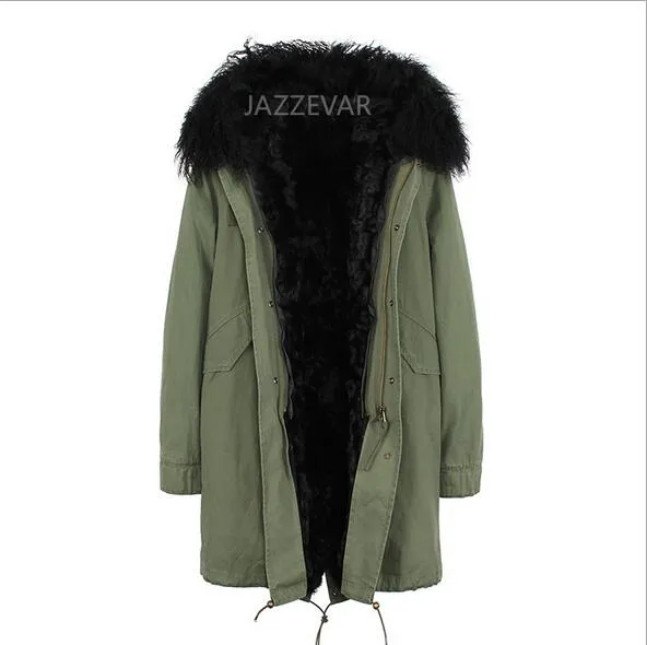 Mulheres casacos quentes Jazzevar marca preto forro de pele de cordeiro camuflagem shell longo casaco de inverno parka com guarnição da pele com capuz