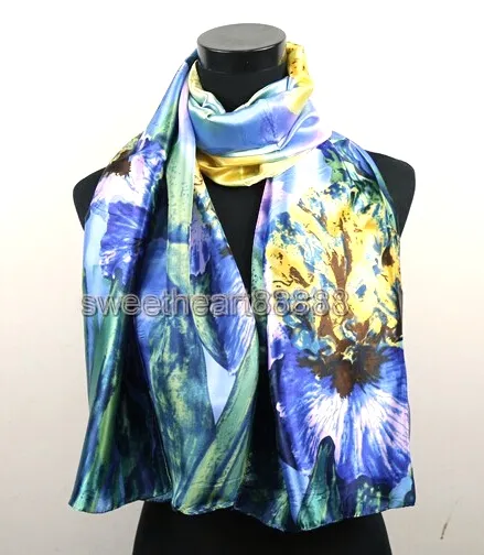 Yellow Blue Lily Flower Scarves Satin Oil Painting Long Wrap Shawl Beach Silk Scarf 160X50cm3170