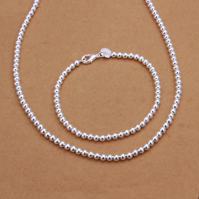 Fashion Jewelry Set 925 Sterling silver plated 4MM beads necklace & bracelet for womanTop quality birthday gift free shipping