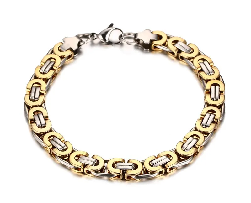 Mode Hoge kwaliteit 316L roestvrij staal Zilver Goud Two Tone Flat Byzantijnse Link Chain ketting + armband Unisex Sieraden Set