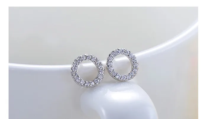 925 Sterling Silver Stud Earrings Retro Fashion Jewelry Circle Round Ring Stud Ear Rings Full of Crytal for Women Girls Gold & White Color