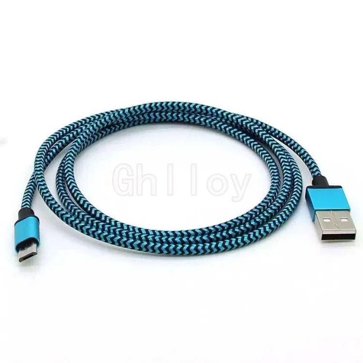 1m 3FT Metal Head Braided Nylon Woven Micro USB-data Synkronisering Laddningskabel Metal Tip Tyg Flätad sladd för Samsung 