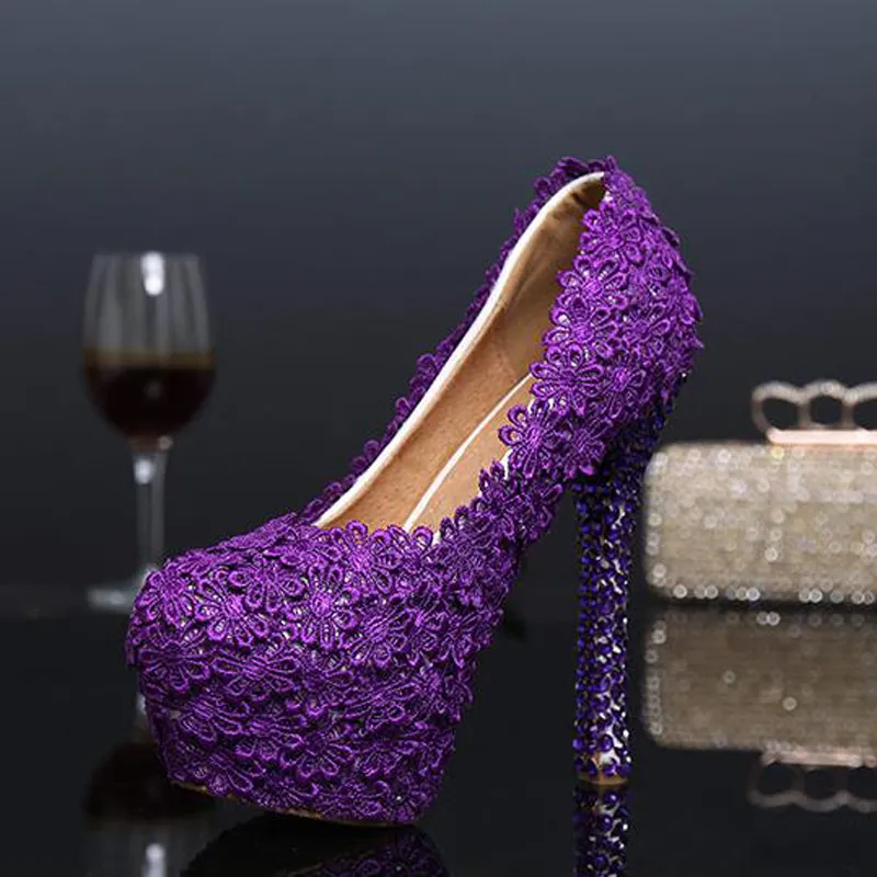 Violet dentelle fleur chaussures de mariage soirée talons hauts femmes en cuir véritable pompes chaussures de mariée grande taille 43