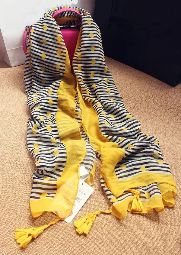 Wholesale-2015 New brand yellow stripe dot print 100% cotton scarf with tassel for women designer silk scarf high quality summer shawl