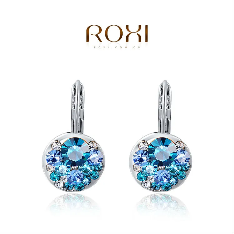 015 ROXI High Quality Blue Round Stone Earrings Fashion Jewelry Best Gift For Woman For Party Wedding Christmas Gift Silver Earrings