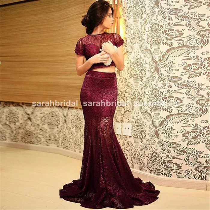 Cheap Two Piece Lace Evening Dresses Beautiful Sexy Short Cap Sleeve Arabic Prom Party Ball Gowns