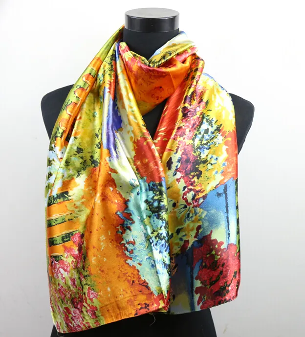 9STYLES Royal Blue Darden Orange Fence Scarves Women's Fashion Oil Painting Long Wrap Shawl Beach Silk Scarf 160X50cm S55-63