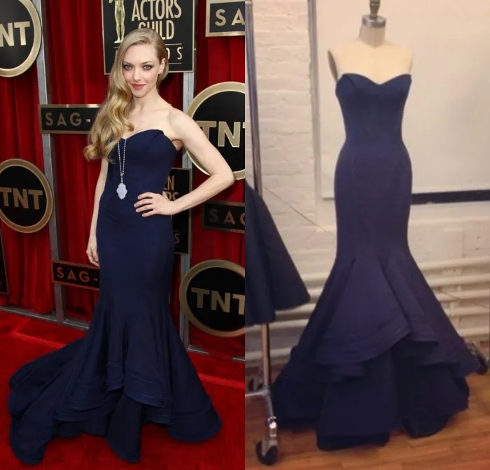 Free Shipping Vintage Amanda Seyfried Red Carpet Girls Gown Navy Blue Satin Evening Dress Sexy Cheap Mermaid Celebrity Dresses