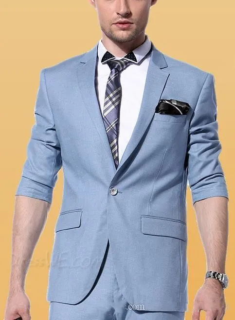 Handsome Sky Blue Side Vent Groom Tuxedos Män Bröllop Tuxedos Notched Lapel One Button Men Dinner Prom Business Blazer (Jacka + Byxor + Tie) 1665