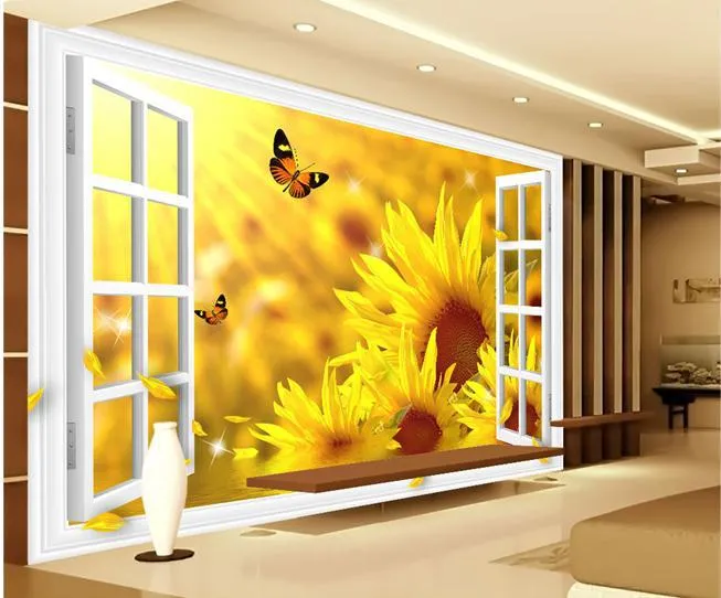 Papel de parede window Fenêtre de toile de fond tournesol 3D non-tissé papier peint de nouvelles grandes peintures murales coûtent la taille Livraison rapide et gratuite 197!