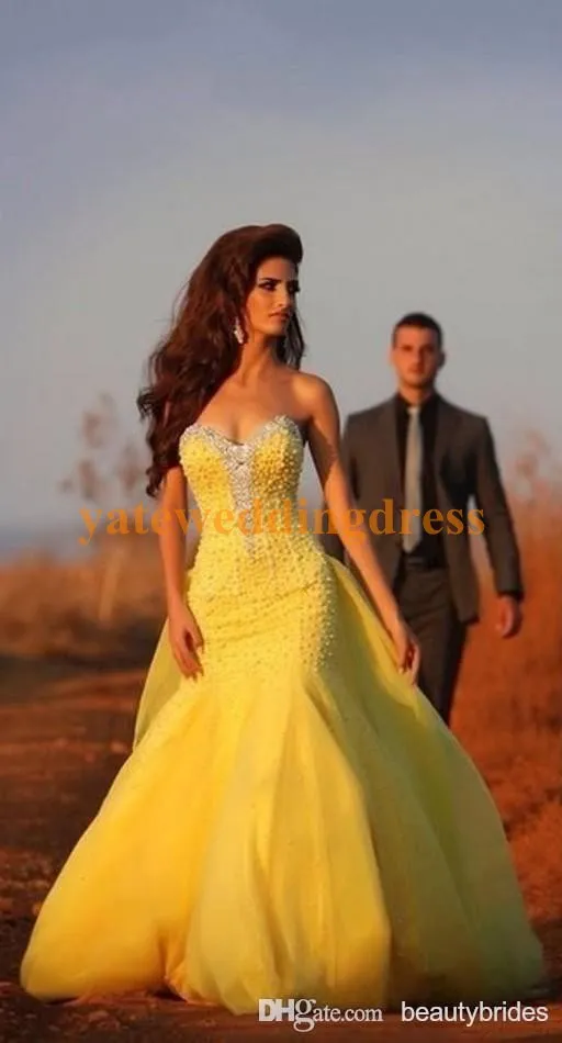 Vestidos de novia amarillo Tulle Pearl Pearl Longitud larga Cariño del hombro 2015 Vestidos de bailares con cremallera Back Bouth Vestido nupcial Free Shippin