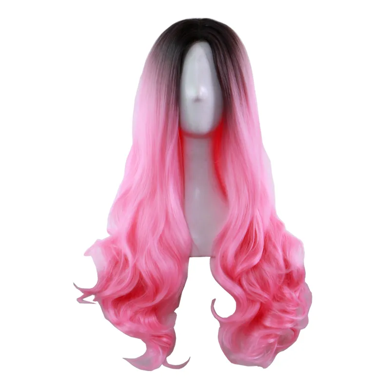 Multicolor Women Long Wave Synthetic Dyed Wig Ladies Black Purple Pink Gray Gradient Heat Resistant Cosplay Wigs Ombre Color Wavy Hair Caps