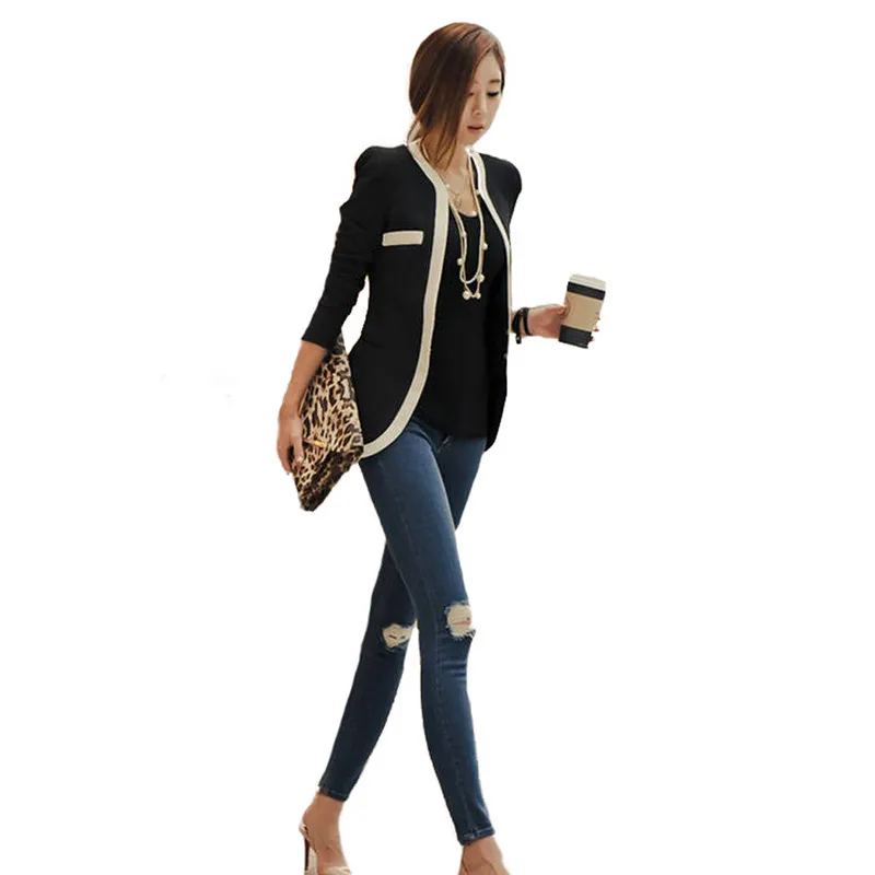 Zanzea 2015 New Fashion Blazer Suit Estate Autunno Donna OL Slim Fit Scollo a V One Button Patchwork Blazer Femininas S-XL FG1511