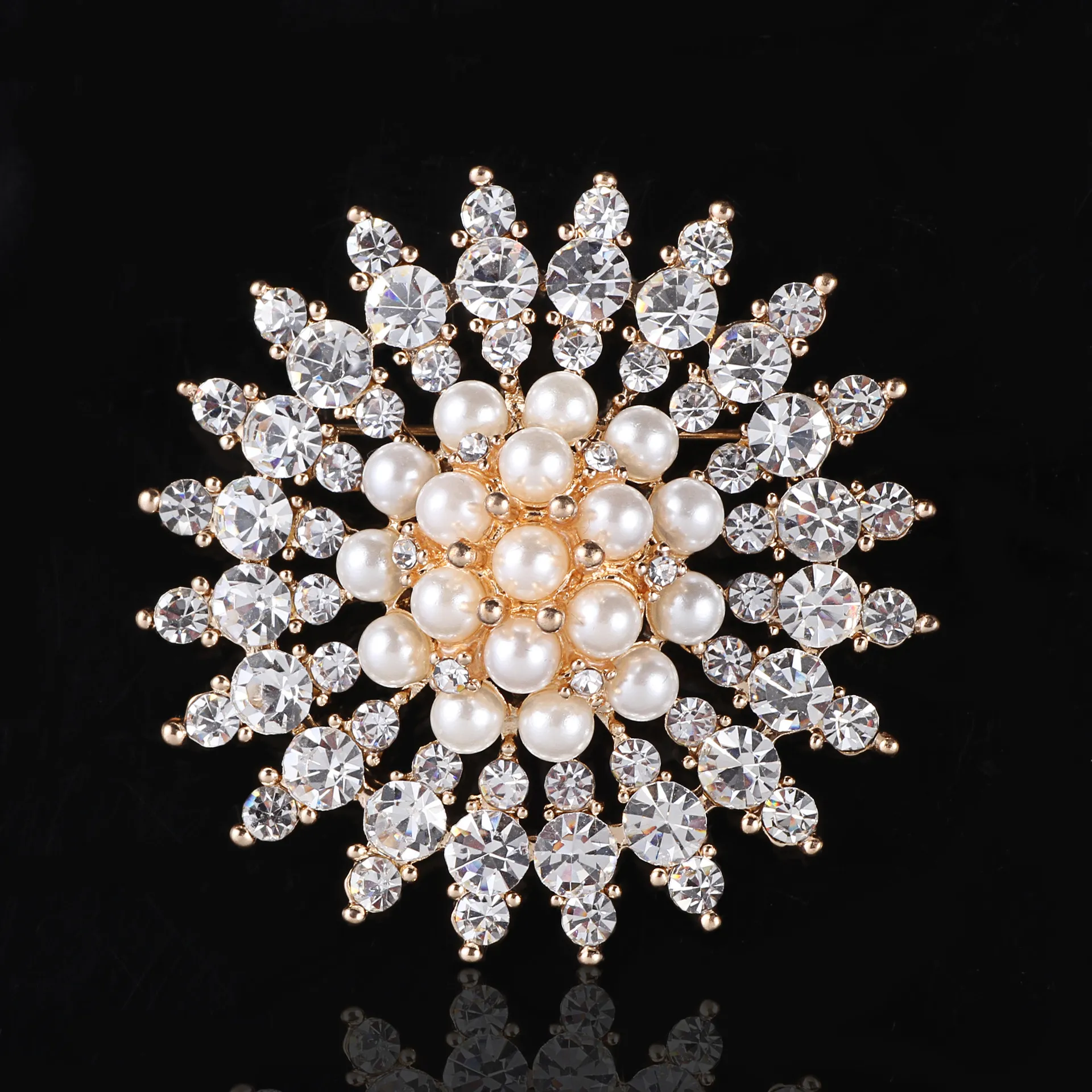 2 cal Róża Pozłacane Clear Rhinestone Crystal Diamante Cream Pearl Duży Kwiat Słońca Broszka Ślubna