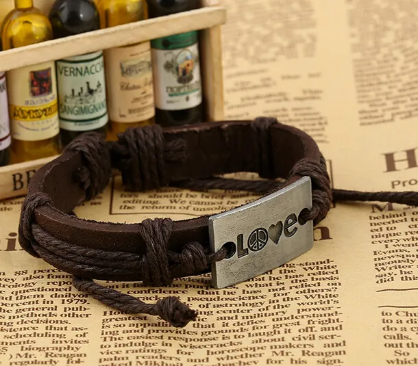 2015 latest version punk style 100% genuine leather bracelet alloy LOVE Couple Hemp rope adjustable bracelet 