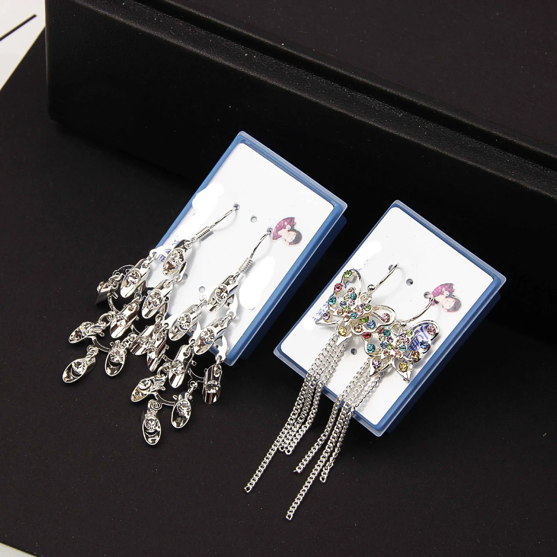 Anti allergie cristal glands boucles d'oreilles fleur papillon paon amour coeur suspendus longues boucles d'oreilles boîte emballée mixte 20 style es