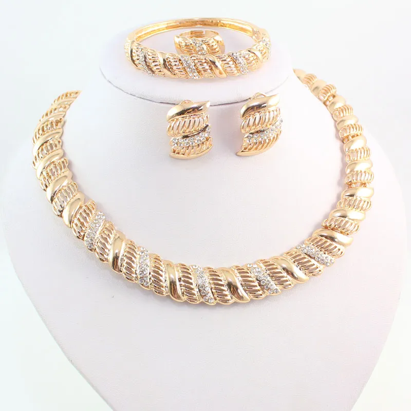 Vintage afrikansk kristall smycken uppsättningar för kvinnor bröllop brud tillbehör guld pläterade halsband armband örhängen ring set