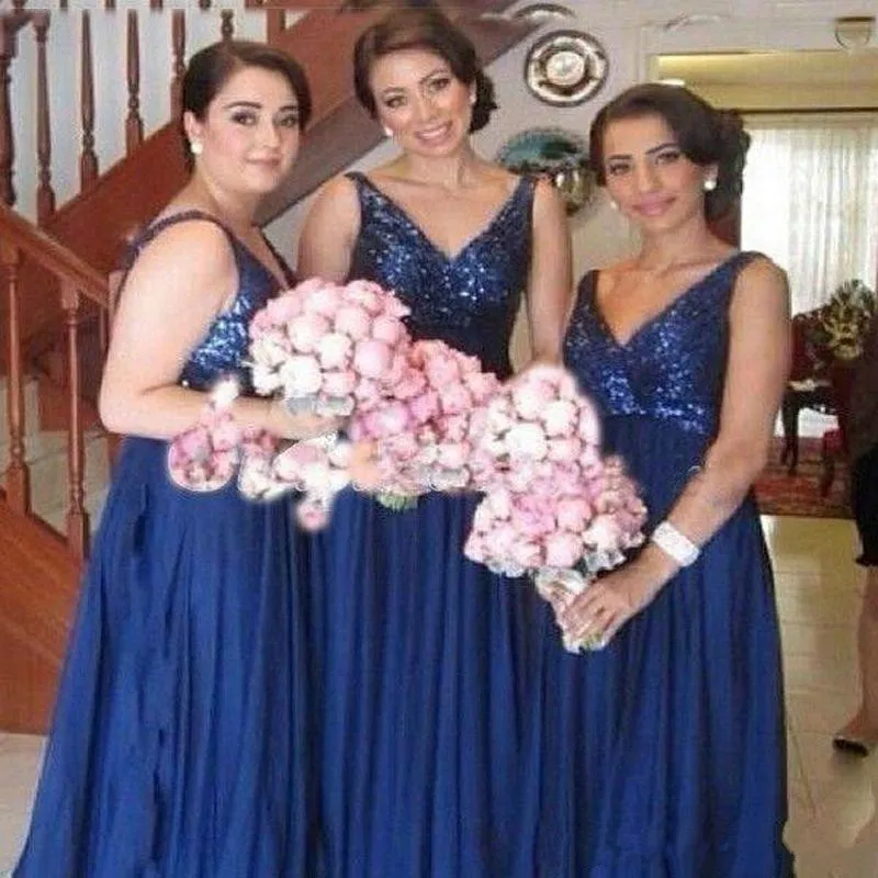 Royal Blue Bling Sequined Bridesmaids Dresses Long V Neck Maid Of Honor Dress Plus Size Cheap Wedding Guest Gowns