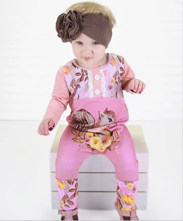 Bebek Kız Giysileri 2018 İlkbahar Sonbahar Pembe Sincap Baskı Çiçek Romper Çocuk Giyim Pamuk Tulum Tulum Çocuk Giyim Butik