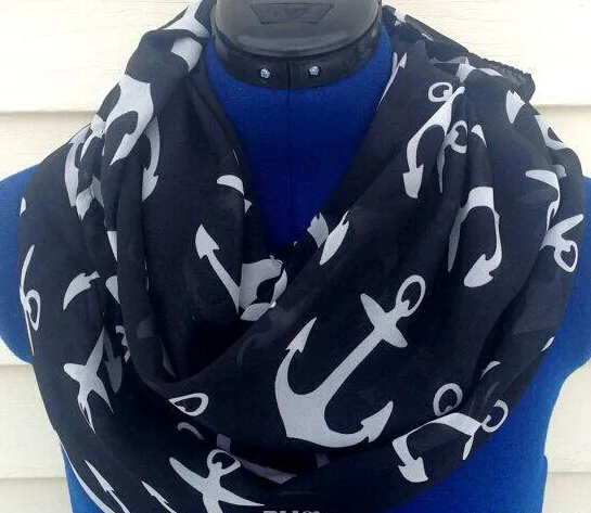 Paris Yarn Anchor Infinity Scarf Black and White Nautical Women Scarves 60x160cm Fashion Accessories