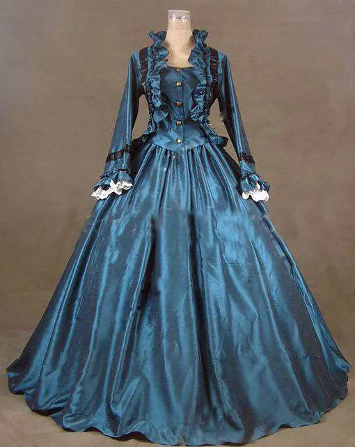 Wholesale-2015 vintage Blue Victorian Dress and Halloween High Quality Handmade Party Dresses Long Sleeve Ball Gown Free Shipping