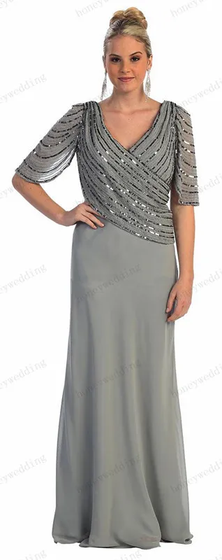 2019 Spring Nowe przybycie koralików plus size szyfon Szyfonowa matka panny młodej sukienki Vneckline pół osłony rękawowej Długość podłogi Matka DR7335663