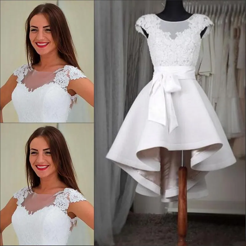 2018 Real Image White Short Homecoming Dresses Sheer Neck Cap Sleeves Appliques Lace Satin Custom Made High Low Prom Dresses Fast Shipping