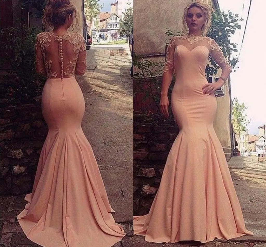 Pêssego Rosa Sereia Vestidos de Noite 2016 Lace Sheer Neck Ilusão Mangas Compridas Vestidos de Baile de Volta Coberto Botões Trem Da Varredura Formal Vestidos