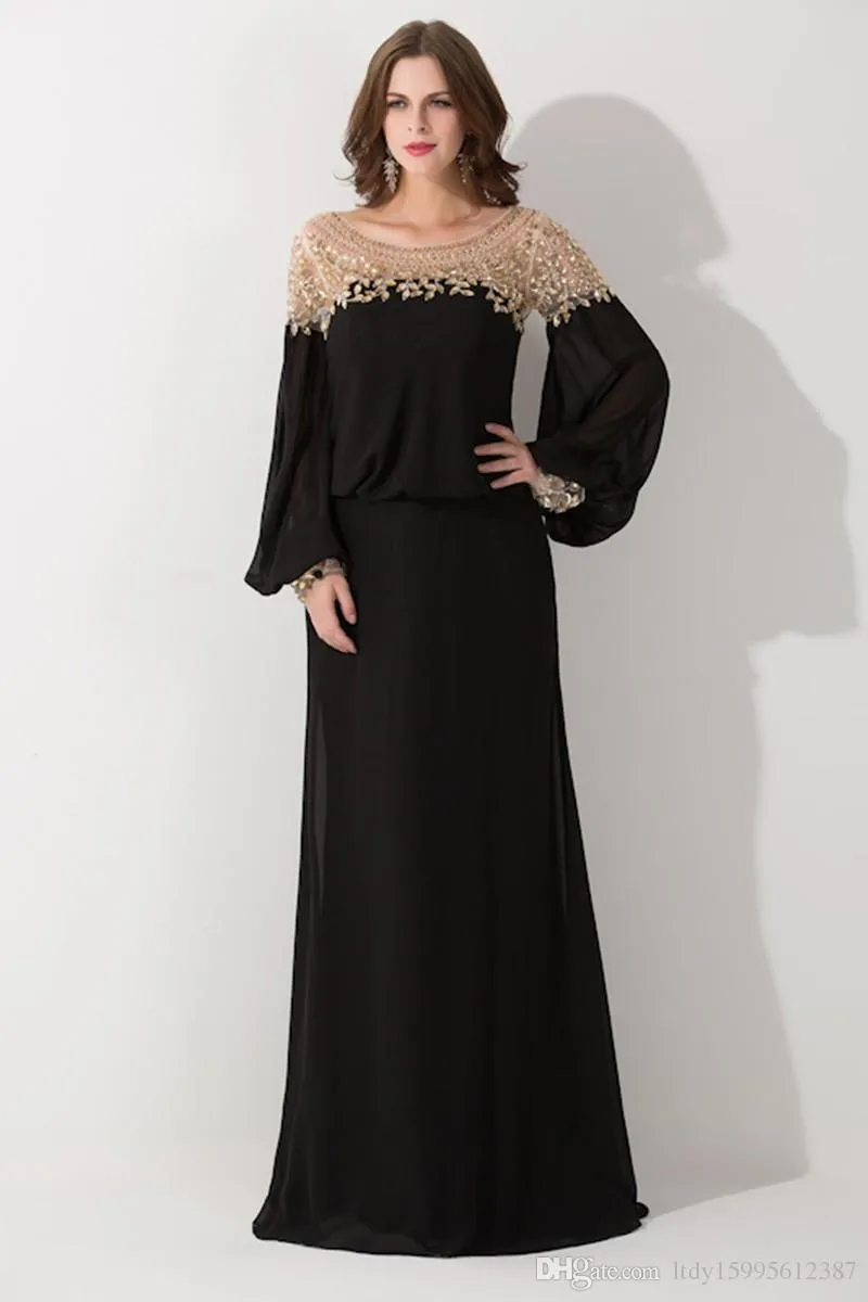 Ny långärmad sequined chiffon formella festklänningar vestido de festa svart lös scoop hals dubai kaftan aftonklänningar 273z