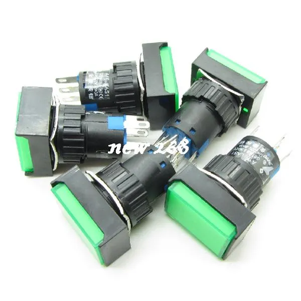 Rectangle Green Self Locking Latching Push Button Switch + DC24V Llight NO-COM-NC 16mm 5Pin 3A 25PCS/LOT