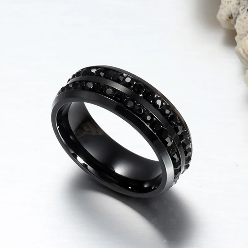 Titanium Steel Set Diamante Men And Women Fashion Rings Black 8mm Size 7-13312V